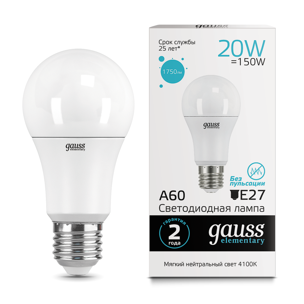 Лампа Gauss LED Elementary A60 20W E27 1600lm 4100K