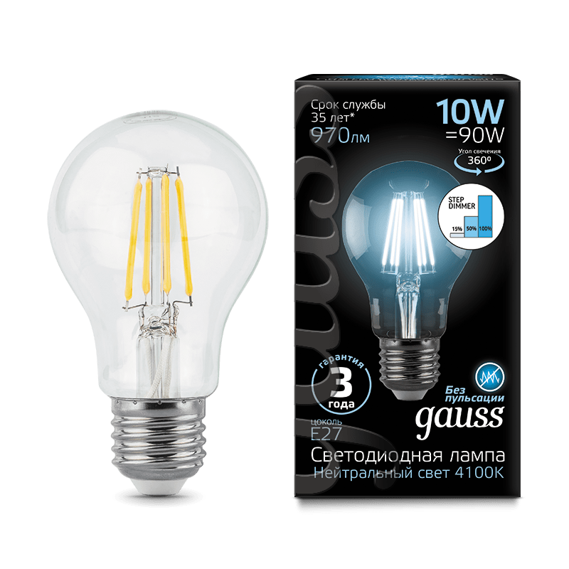 Лампа Gauss LED Filament A60 E27 10W 970lm 4100К