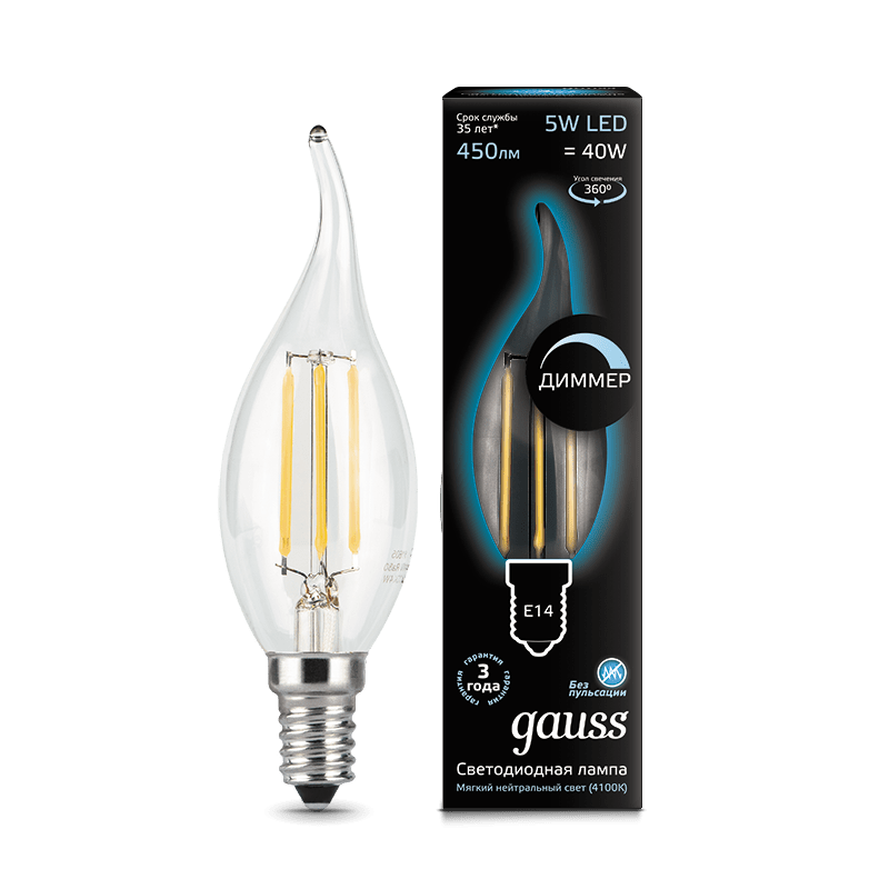 Лампа Gauss LED  Filament Свеча на ветру E14 5W 450lm 4100K