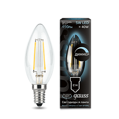 Лампа Gauss LED диммируемая Filament Свеча E14 5W 450lm 4100К